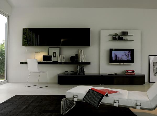 Mobilier living cu spații de depozitare și corpuri suspendate